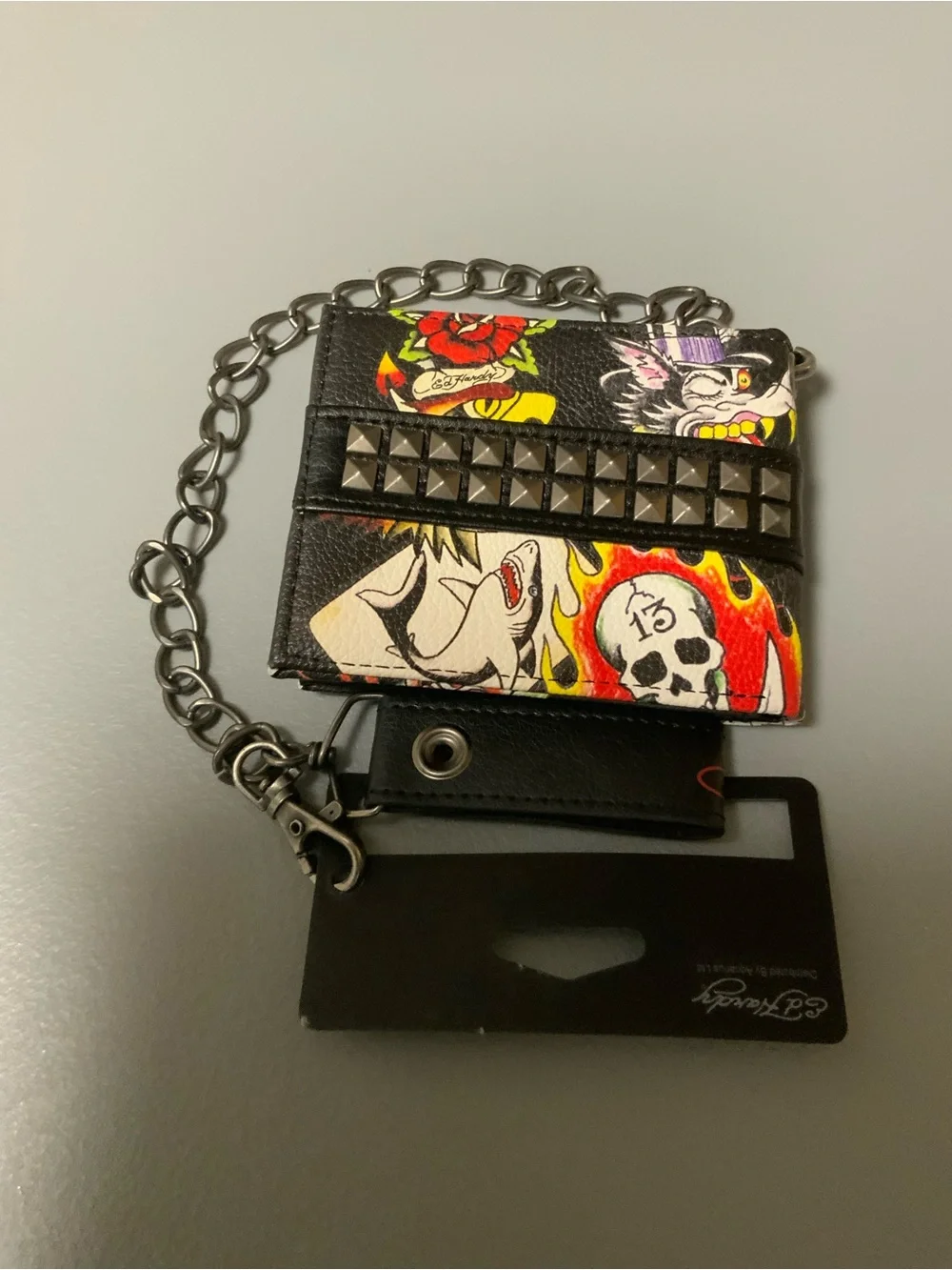 Ed Hardy Black Tattoo-Print Studded Chain Wallet
